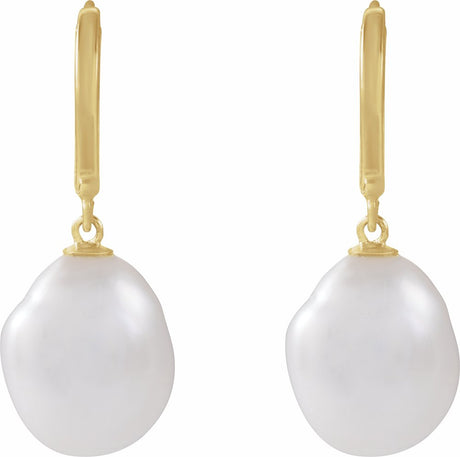 14K Yellow Gold Cultured White Freshwater Keshi Pearl Hoop Earrings