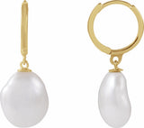 14K Yellow Gold Cultured White Freshwater Keshi Pearl Hoop Earrings