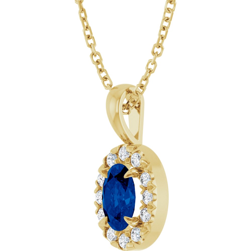 14K Yellow 6x4 mm Lab-Grown Blue Sapphire & 1/10 CTW Natural Diamond 16-18" Necklace