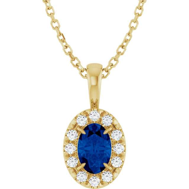 14K Yellow Gold 6x4 mm Lab-Grown Blue Sapphire & 1/10 CTW Natural Diamond 16-18" Necklace  