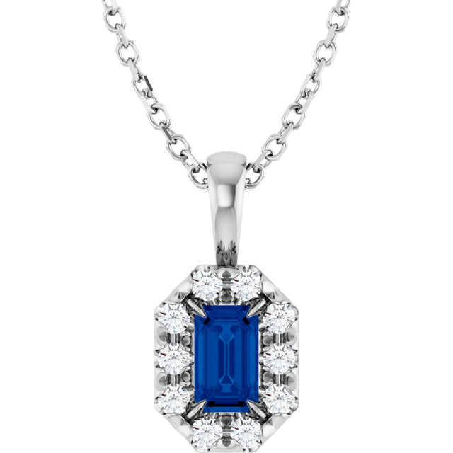 Sterling Silver 5x3 mm Natural Blue Sapphire & 1/8 CTW Natural Diamond 16-18" Necklace  