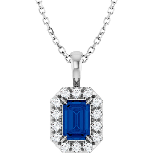 14K White 6x4 mm Natural Blue Sapphire & 1/5 CTW Natural Diamond 16-18" Necklace  