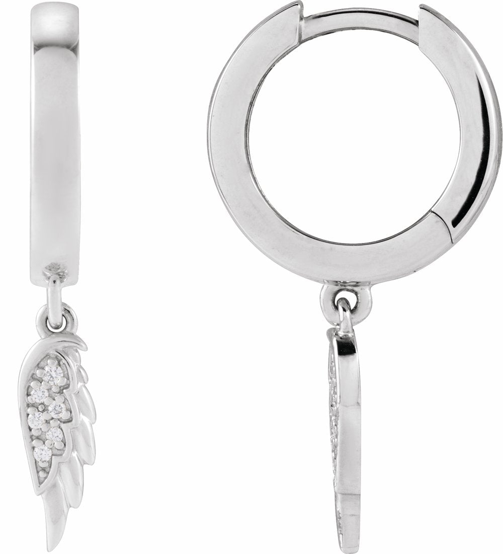 14K White .03 CTW Natural Diamond Angel Wing Hinged Hoop Earrings