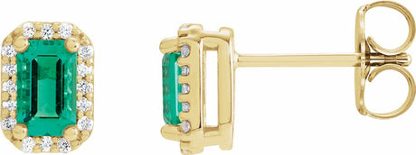 14K Yellow Gold Lab-Grown Emerald & .07 CTW Natural Diamond Halo-Style Earrings