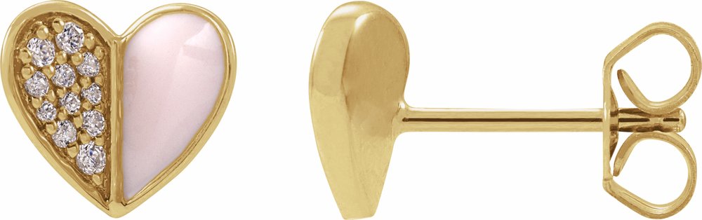 14K Yellow Gold 1/10 Natural Diamond & Pink Enamel Heart Earrings
