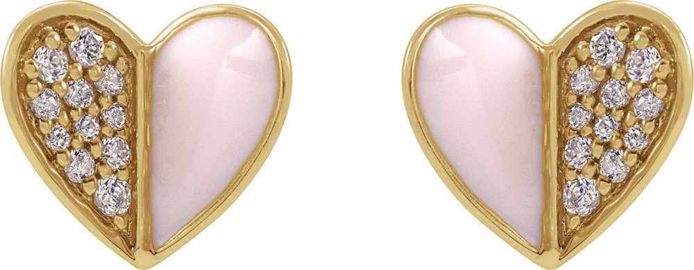 14K Yellow Gold 1/10 Natural Diamond & Pink Enamel Heart Earrings