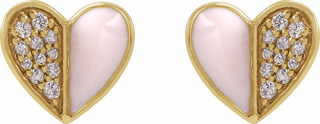 14K Yellow Gold 1/10 Natural Diamond & Pink Enamel Heart Earrings