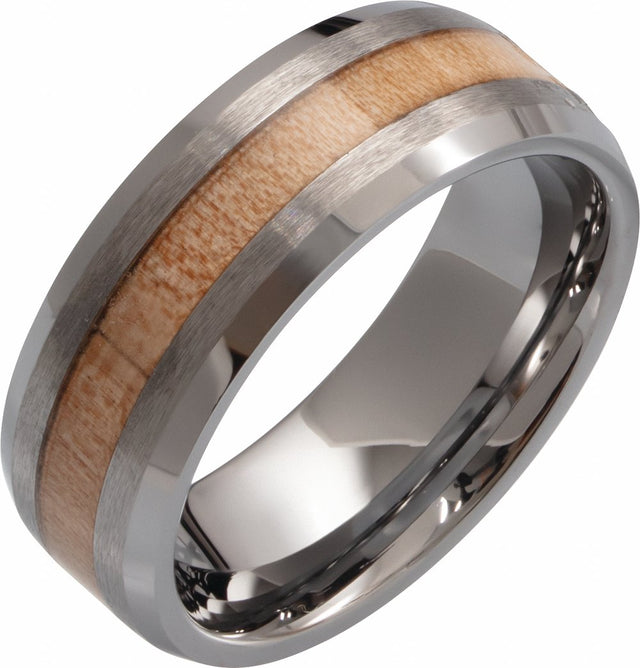 Tungsten Beveled-Edge Cypress Wood Inlay 8 mm Comfort-Fit Band Size 9