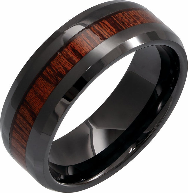Black Ceramic Beveled-Edge Mahogany Wood Inlay 6 mm Comfort-Fit Band Size 7.5