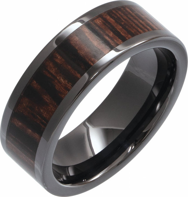 Black Ceramic Wenge Wood Inlay 6 mm Comfort-Fit Flat Band Size 8