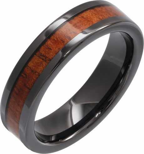Black Ceramic KOA Wood Inlay 8 mm Comfort-Fit Flat Band Size 9