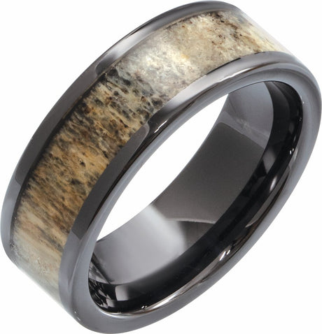 Black Ceramic Antler Wood Inlay 8 mm Comfort-Fit Flat Band Size 9