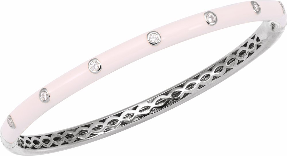 14K White Gold 1/5 CTW Natural Diamond & Pink Enamel 7" Bangle Bracelet