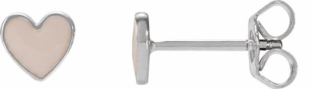 14K White Gold Pink Enamel Heart Earrings