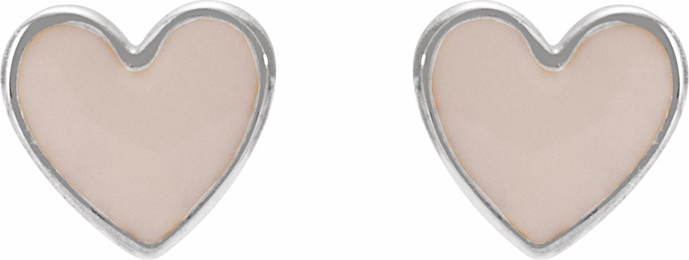 14K White Pink Enamel Heart Earrings