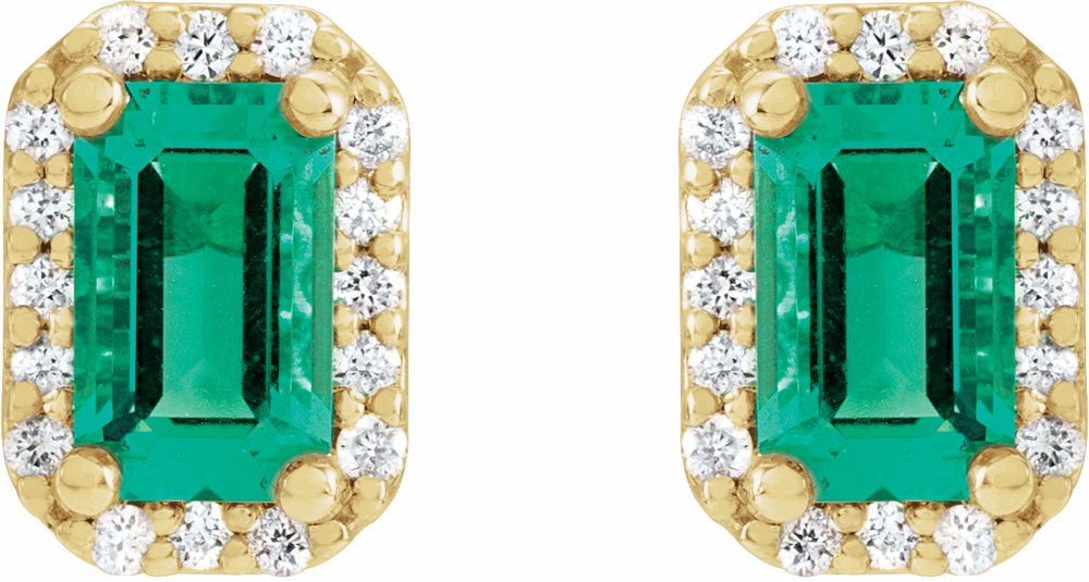 14K Yellow Lab-Grown Emerald & .07 CTW Natural Diamond Halo-Style Earrings