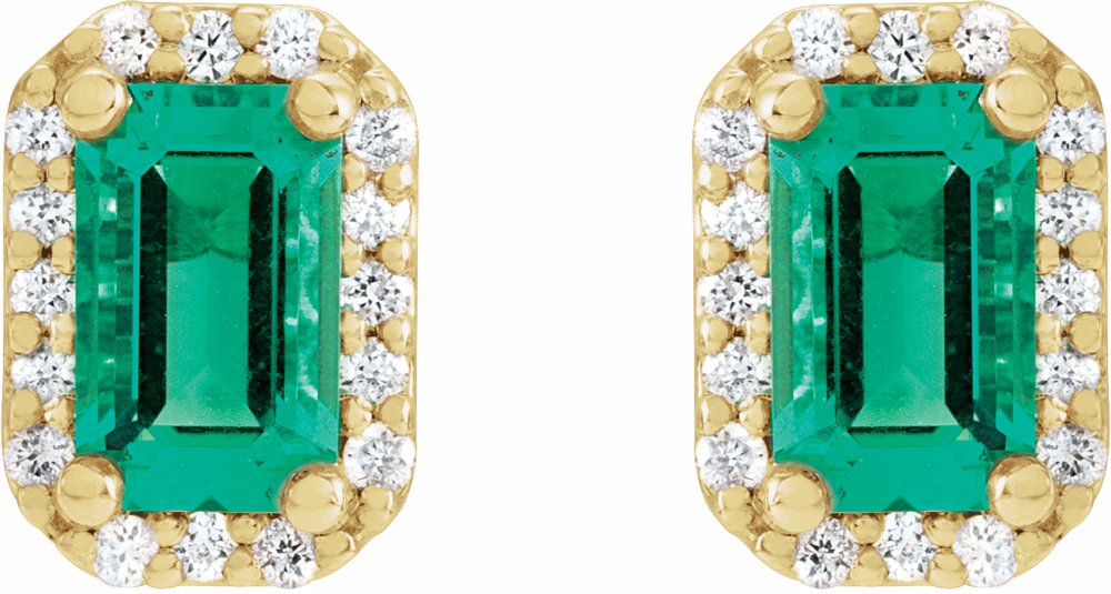 14K Yellow Lab-Grown Emerald & 1/6 CTW Natural Diamond Halo-Style Earrings