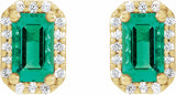 14K Yellow Lab-Grown Emerald & 1/6 CTW Natural Diamond Halo-Style Earrings