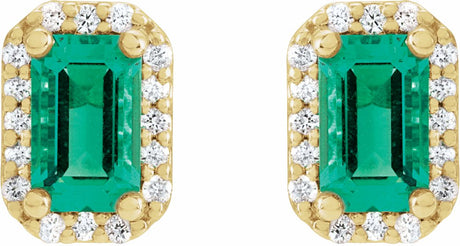14K Yellow Lab-Grown Emerald & 1/6 CTW Natural Diamond Halo-Style Earrings