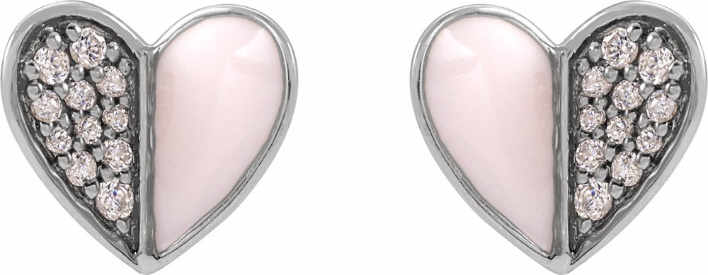 14K White 1/10 Natural Diamond & Pink Enamel Heart Earrings