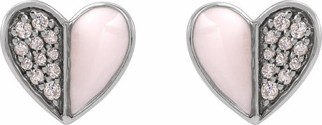 14K White 1/10 Natural Diamond & Pink Enamel Heart Earrings