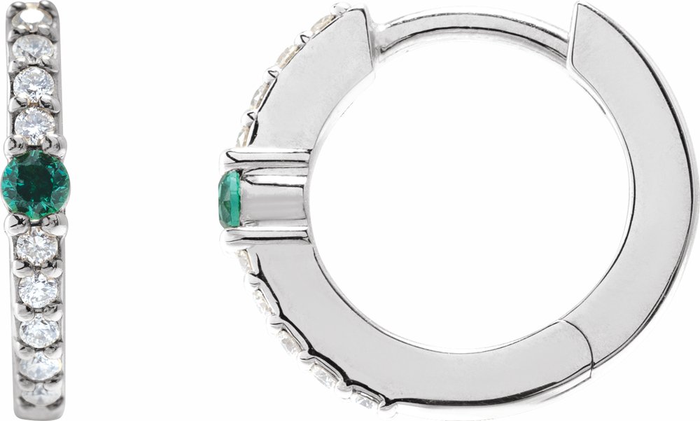 14K White Natural Emerald & 1/8 CTW Natural Diamond 13.6 mm Hoop Earring
