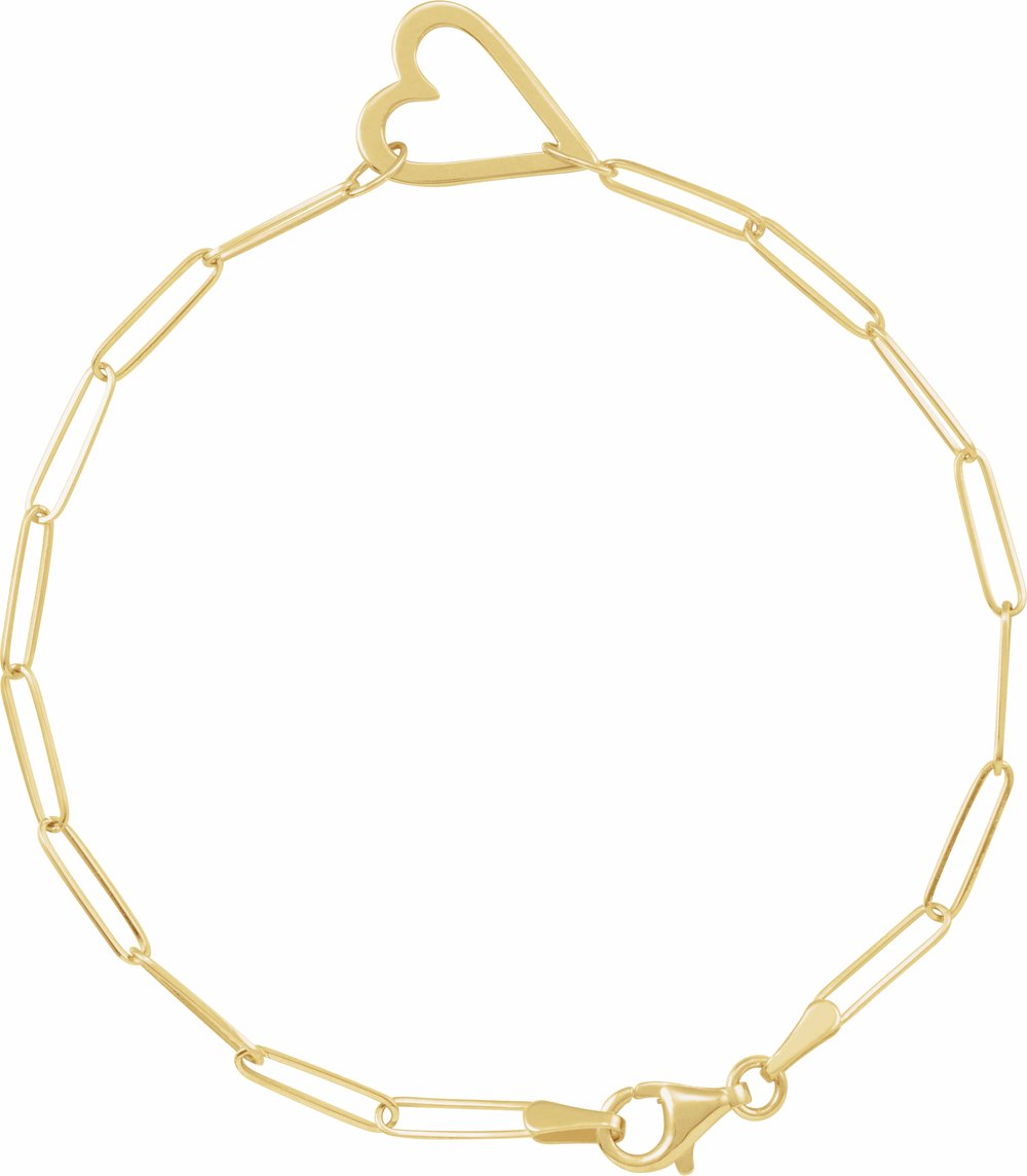 14K Yellow Gold Heart & Paperclip-Style Chain 7" Bracelet