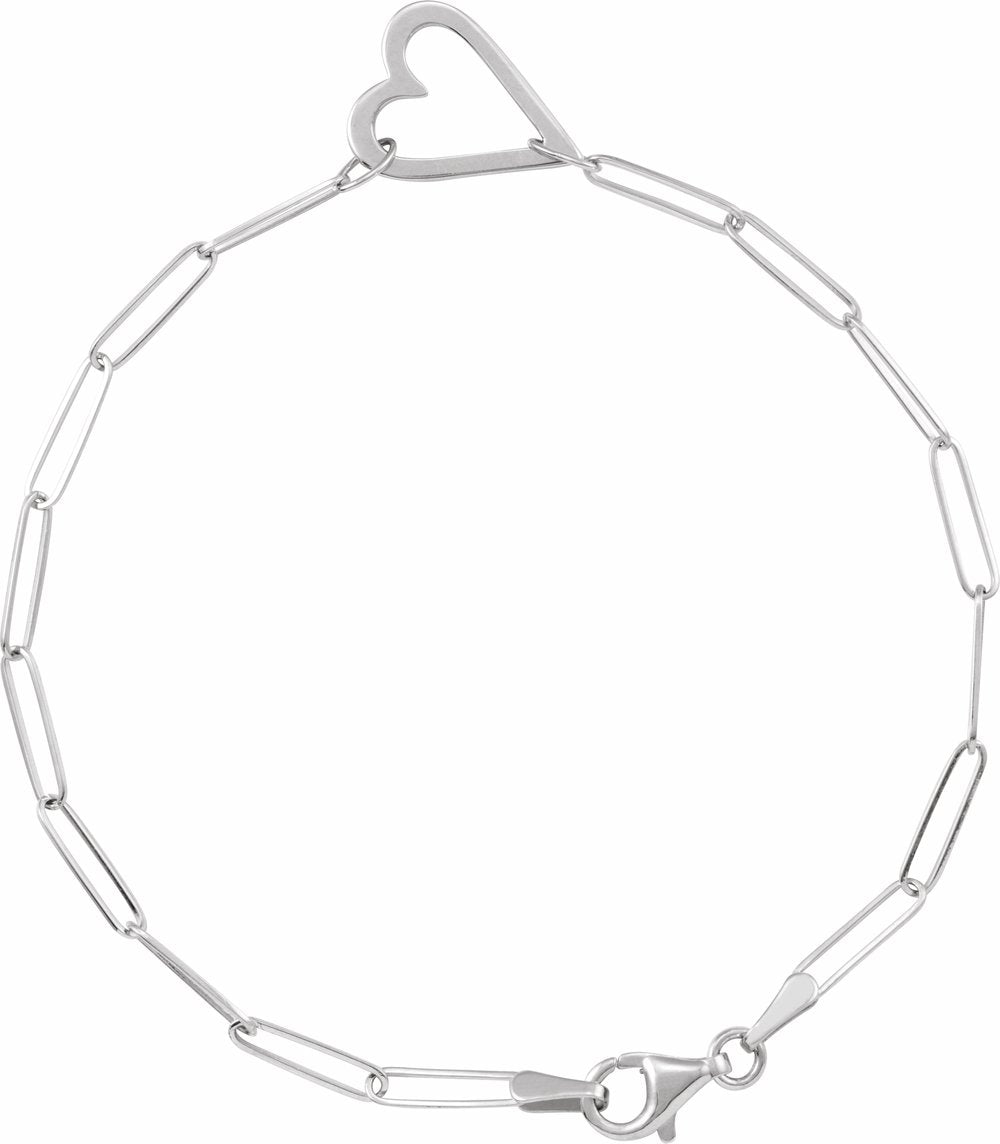 14K White Gold Heart & Paperclip-Style Chain 7" Bracelet