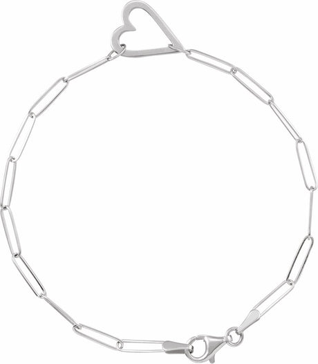 14K White Gold Heart & Paperclip-Style Chain 7" Bracelet
