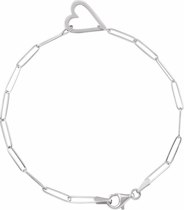 14K White Gold Heart & Paperclip-Style Chain 7" Bracelet