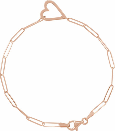 14K Rose Heart & Paperclip-Style Chain 7" Bracelet