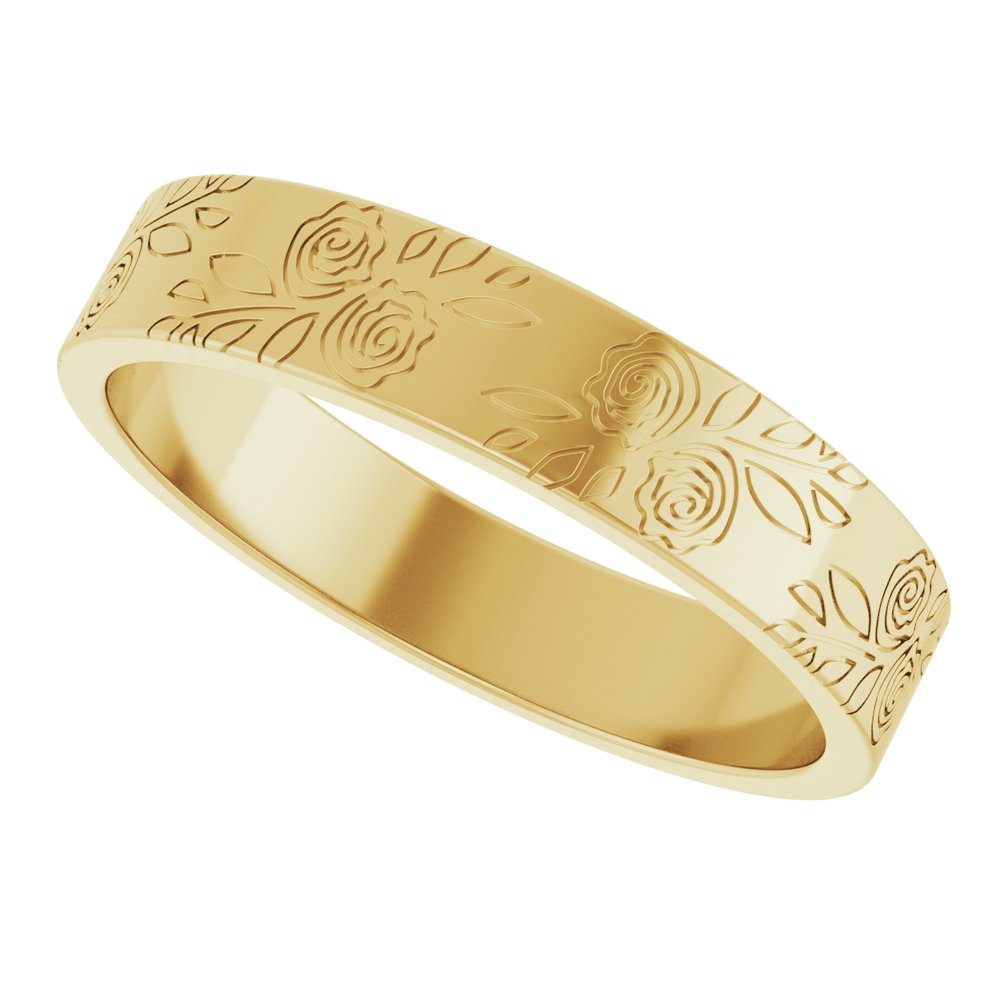 14K Yellow Gold 4 mm Floral Flat Band Size 8