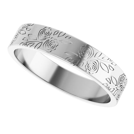 14K White Gold 4 mm Floral Flat Band Size 4.5
