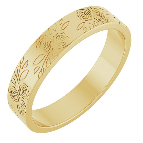 14K Yellow Gold 4 mm Floral Flat Band Size 8