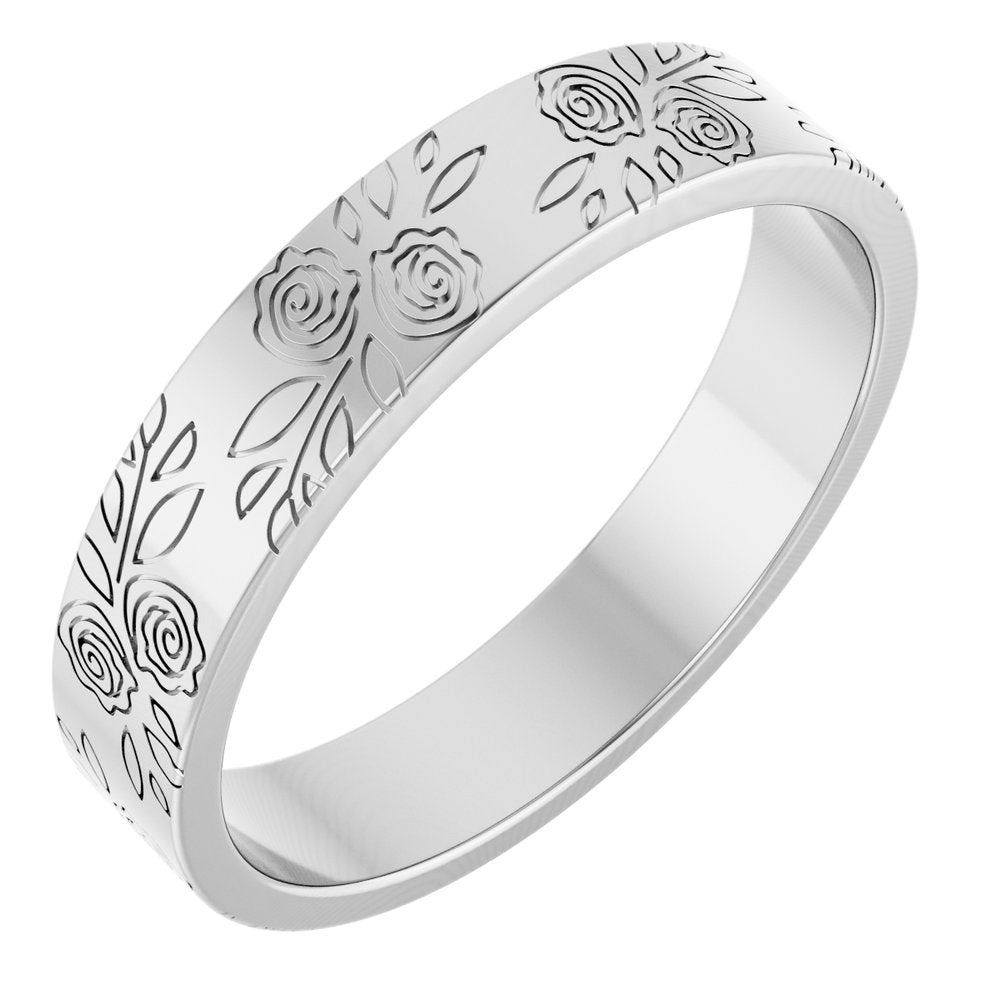 14K White Gold 4 mm Floral Flat Band Size 4.5