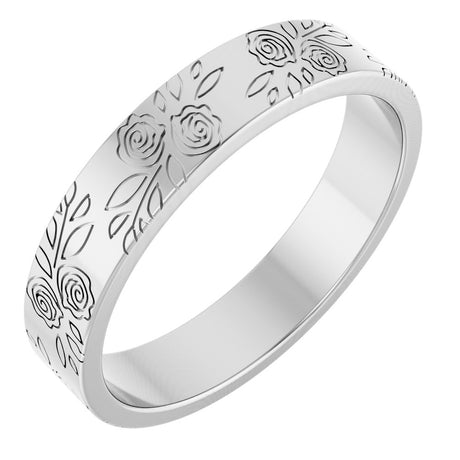 14K White Gold 4 mm Floral Flat Band Size 4.5