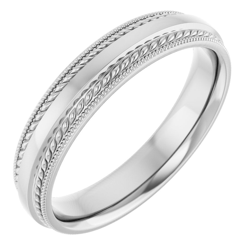 14K White 4 mm Rope & Milgrain Stepped-Edge Comfort-Fit Half Round Band Size 7