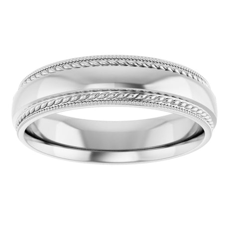 14K White Gold 5 mm Rope & Milgrain Stepped-Edge Comfort-Fit Half Round Band Size 10