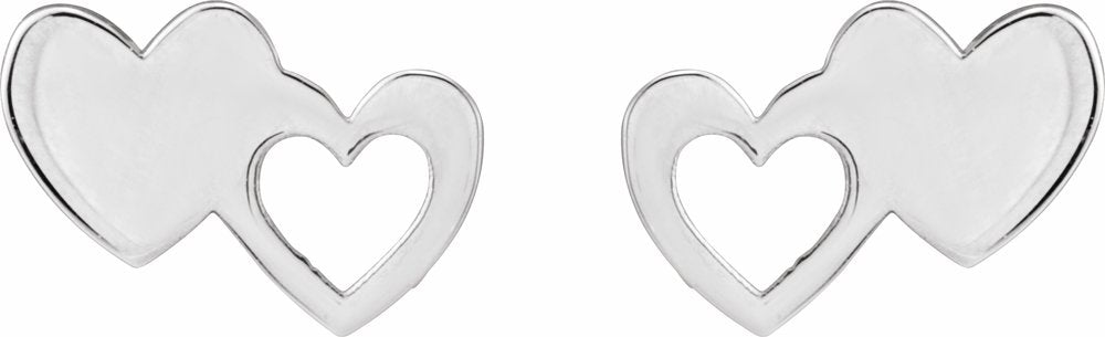 14K White Double Heart Stud Earrings