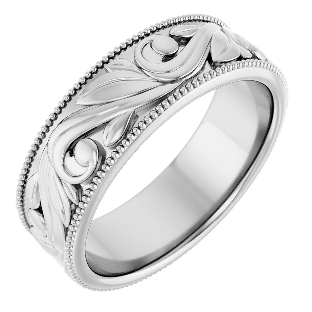 14K White 6.1 mm Milgrain Edge Floral Flat Band Size 7