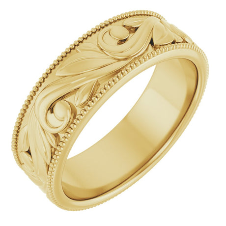 10K Yellow Gold 6.1 mm Milgrain Edge Floral Flat Band Size 7