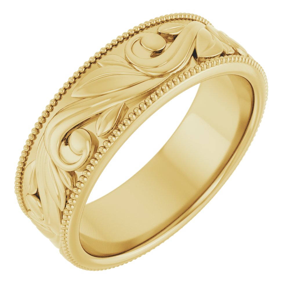 10K Yellow Gold 6.1 mm Milgrain Edge Floral Flat Band Size 7