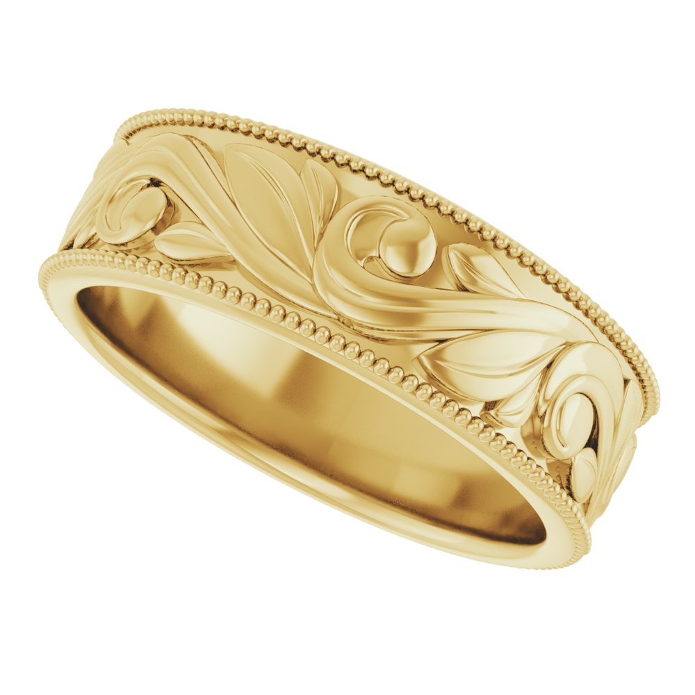10K Yellow Gold 6.1 mm Milgrain Edge Floral Flat Band Size 7
