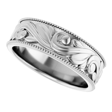 14K White 6.1 mm Milgrain Edge Floral Flat Band Size 7