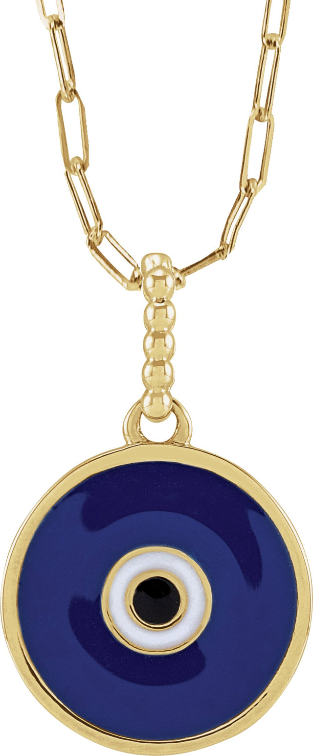 14K Yellow Blue Enamel Evil Eye 18" Necklace