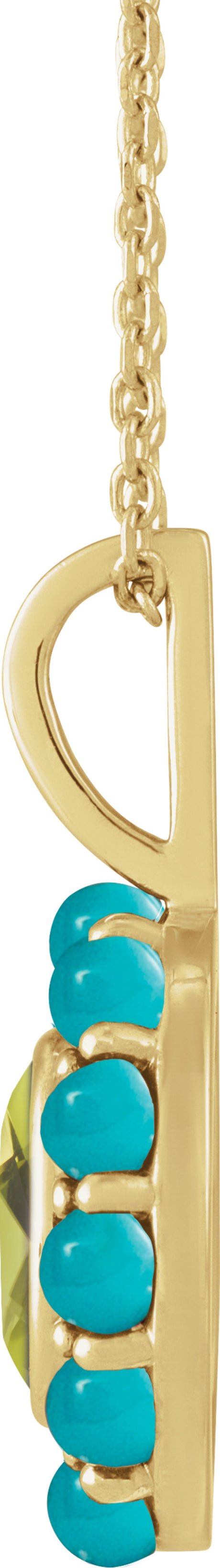 14K Yellow Gold Natural Peridot & Natural Turquoise Halo-Style 16-18" Necklace
