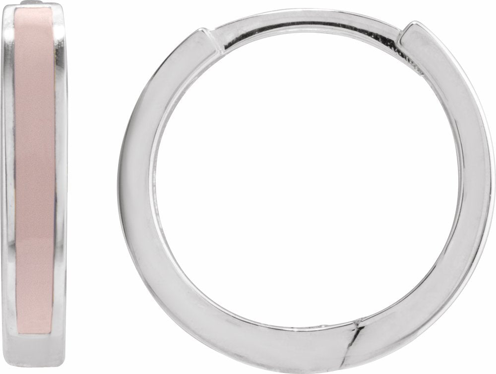 14K White Gold Pink Enamel Hinged 12.1 mm Hoop Earrings