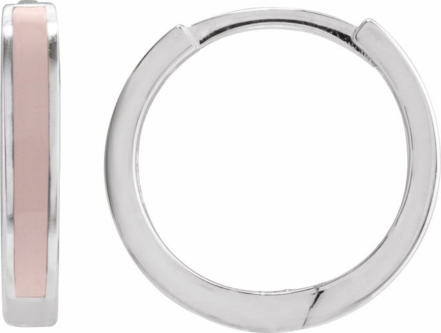 14K White Gold Pink Enamel Hinged 12.1 mm Hoop Earrings