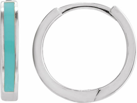14K White Gold Turquoise Enamel Hinged 12.1 mm Hoop Earrings
