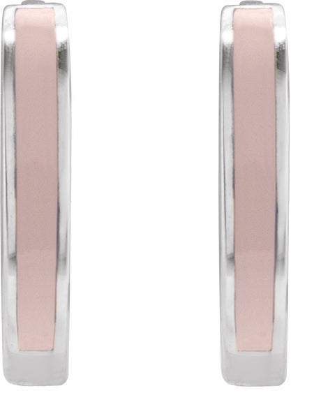 14K White Gold Pink Enamel Hinged 12.1 mm Hoop Earrings